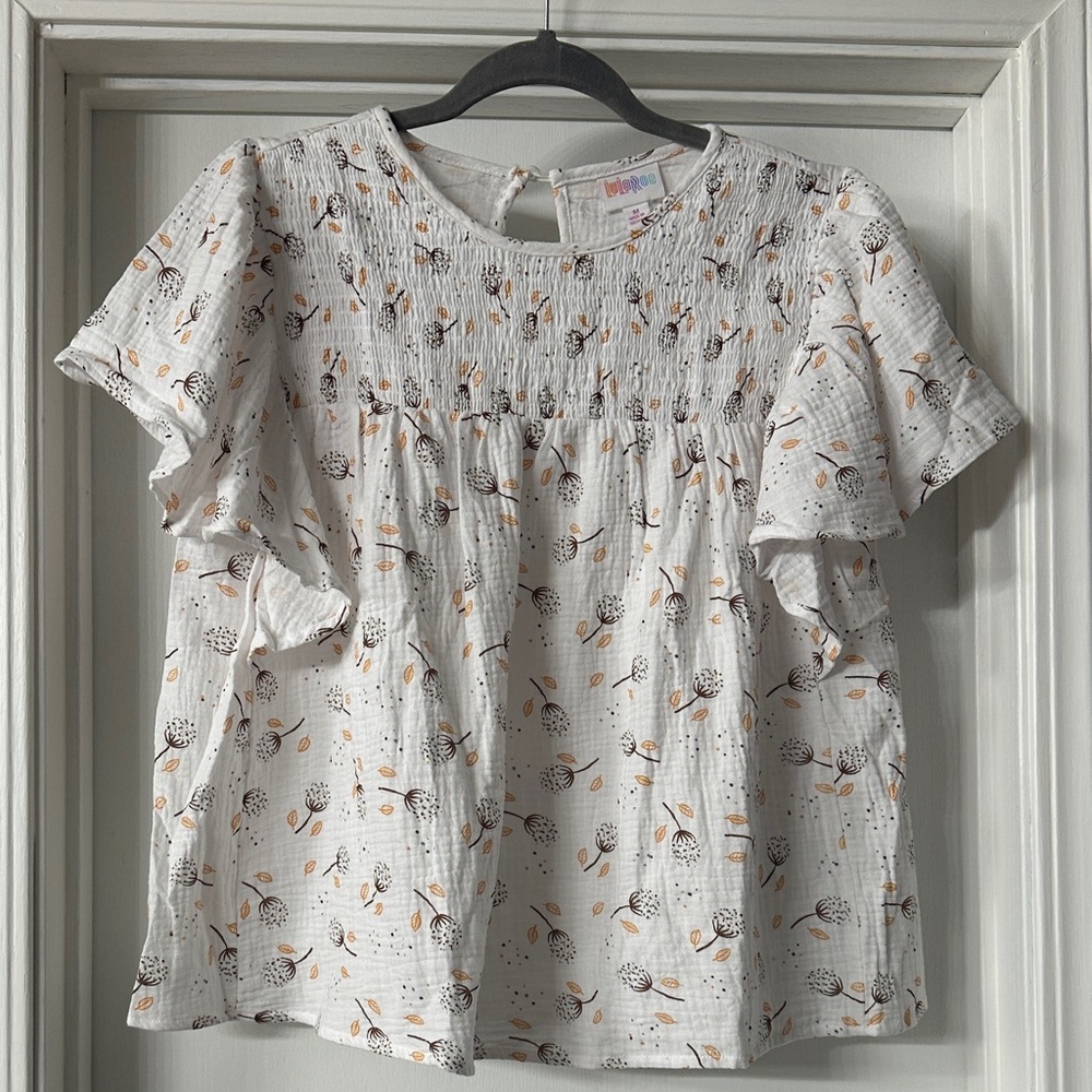 LuLaRoe Maddy White Blouse with Brown and Mustard Floral Print